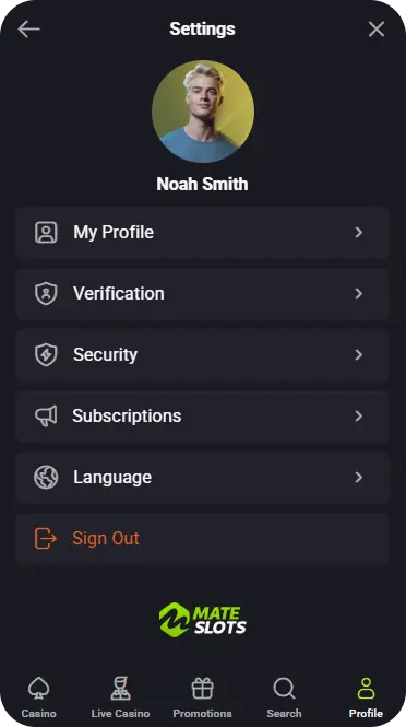 Mateslots app profile screen