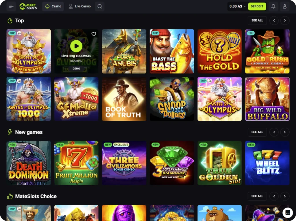 Mate Slots app games interface