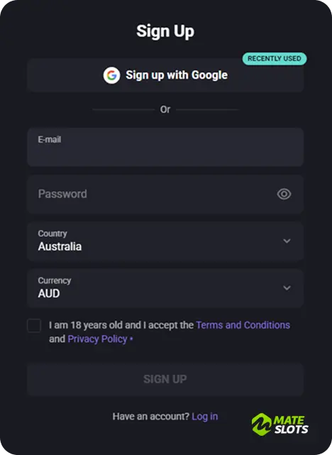 Mateslots registration new account form