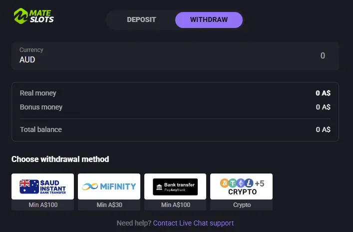 How to make a withdrawal at Mateslots